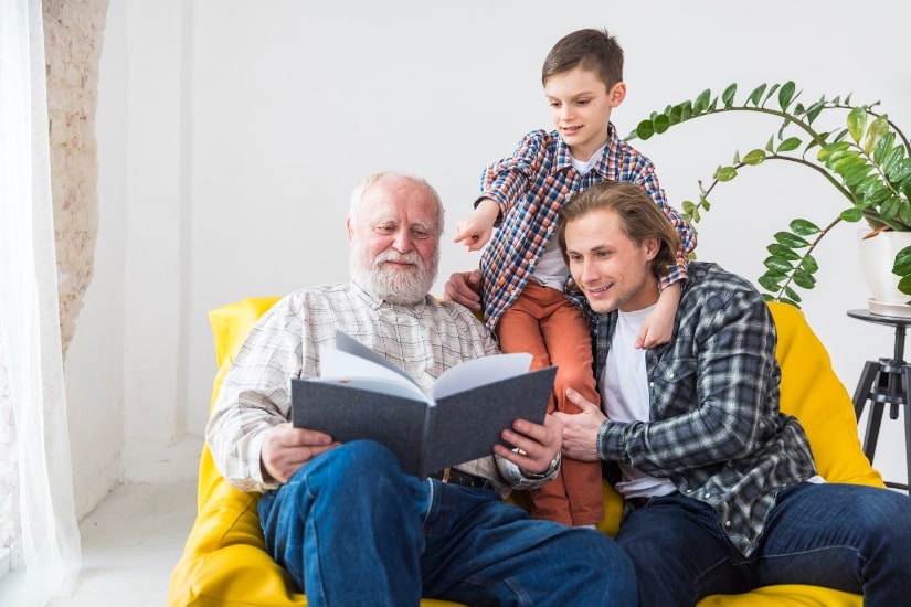 Family watching photo album together