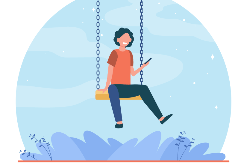Kid swinging holding mobile phone in hand